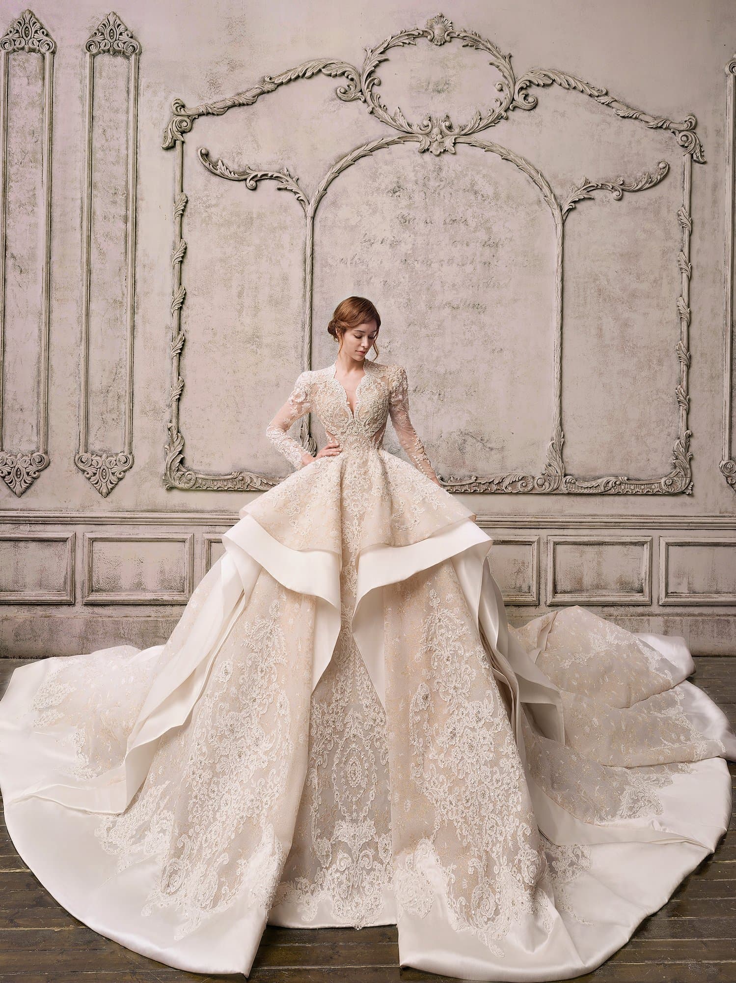 V-NECK  LACE ROYAL GOWN