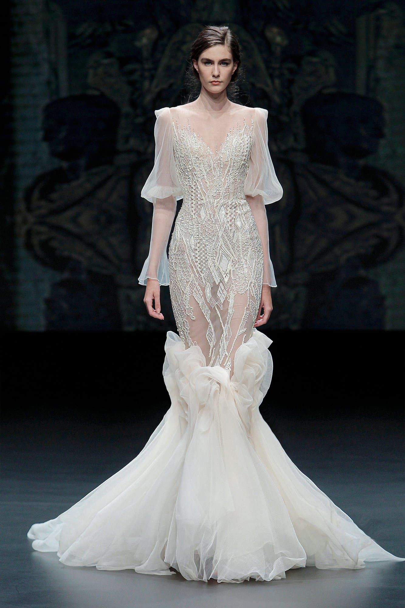 DOUBLE-PUFFED SLEEVES MERMAID DRESS