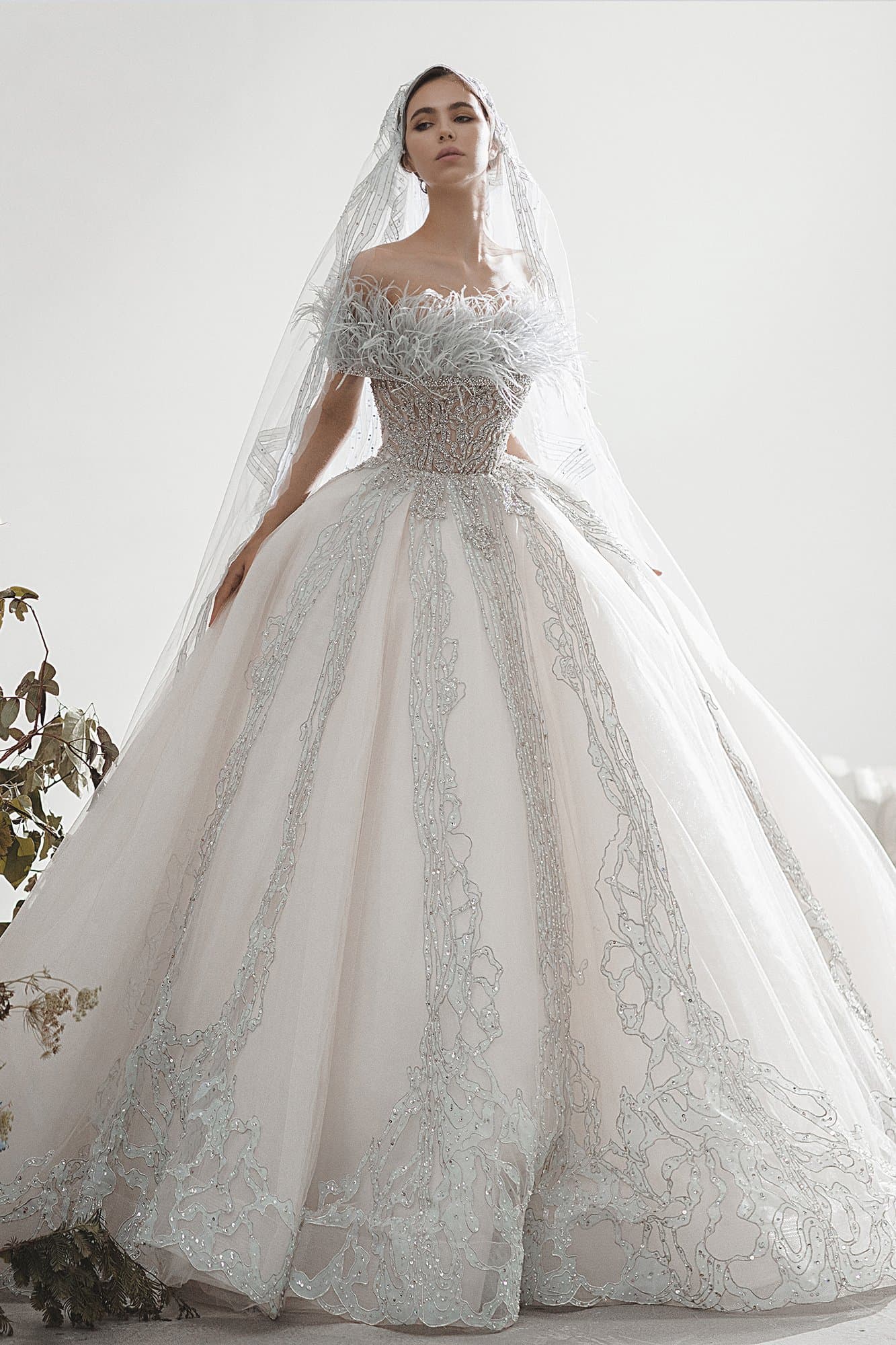 EMBROIDERED OFF-THE-SHOULDER WEDDING GOWN
