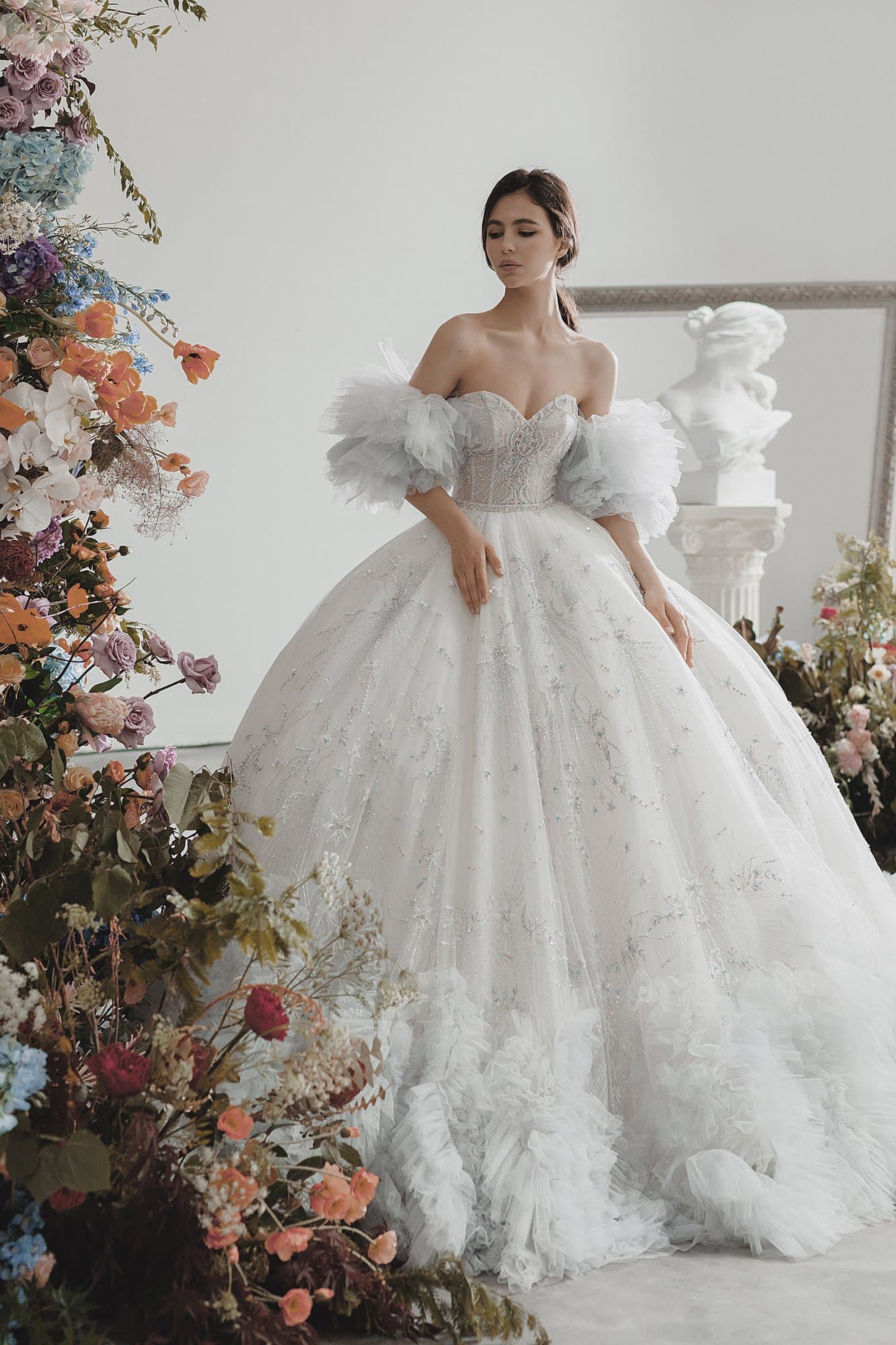 STITCHING EMBROIDERED BABY-BLUE WEDDING GOWN