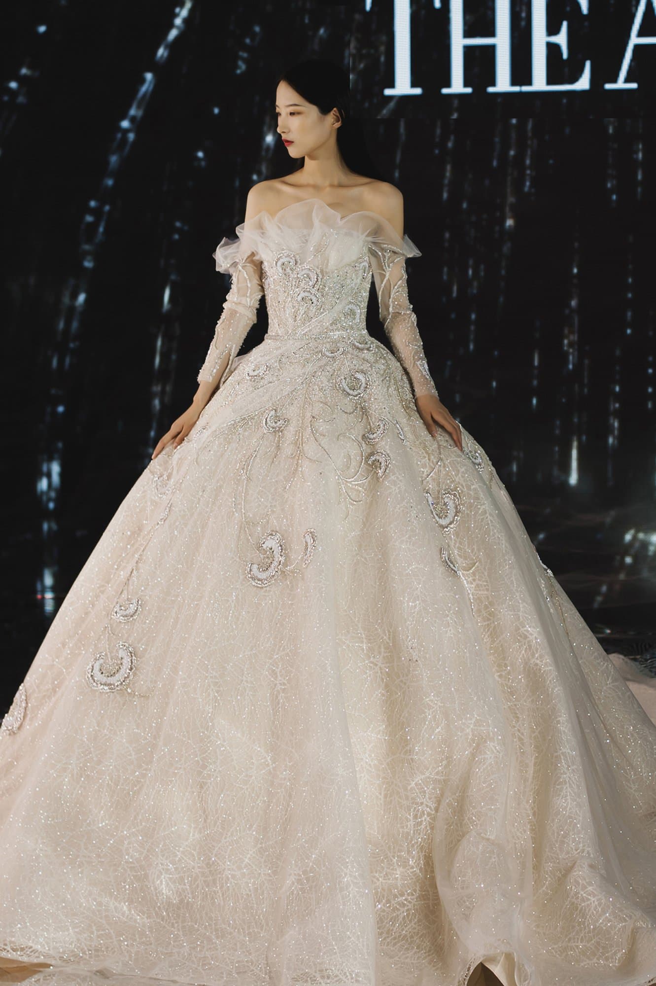 OFF-THE-SHOULDER EMBROIDERED WEDDING GOWN